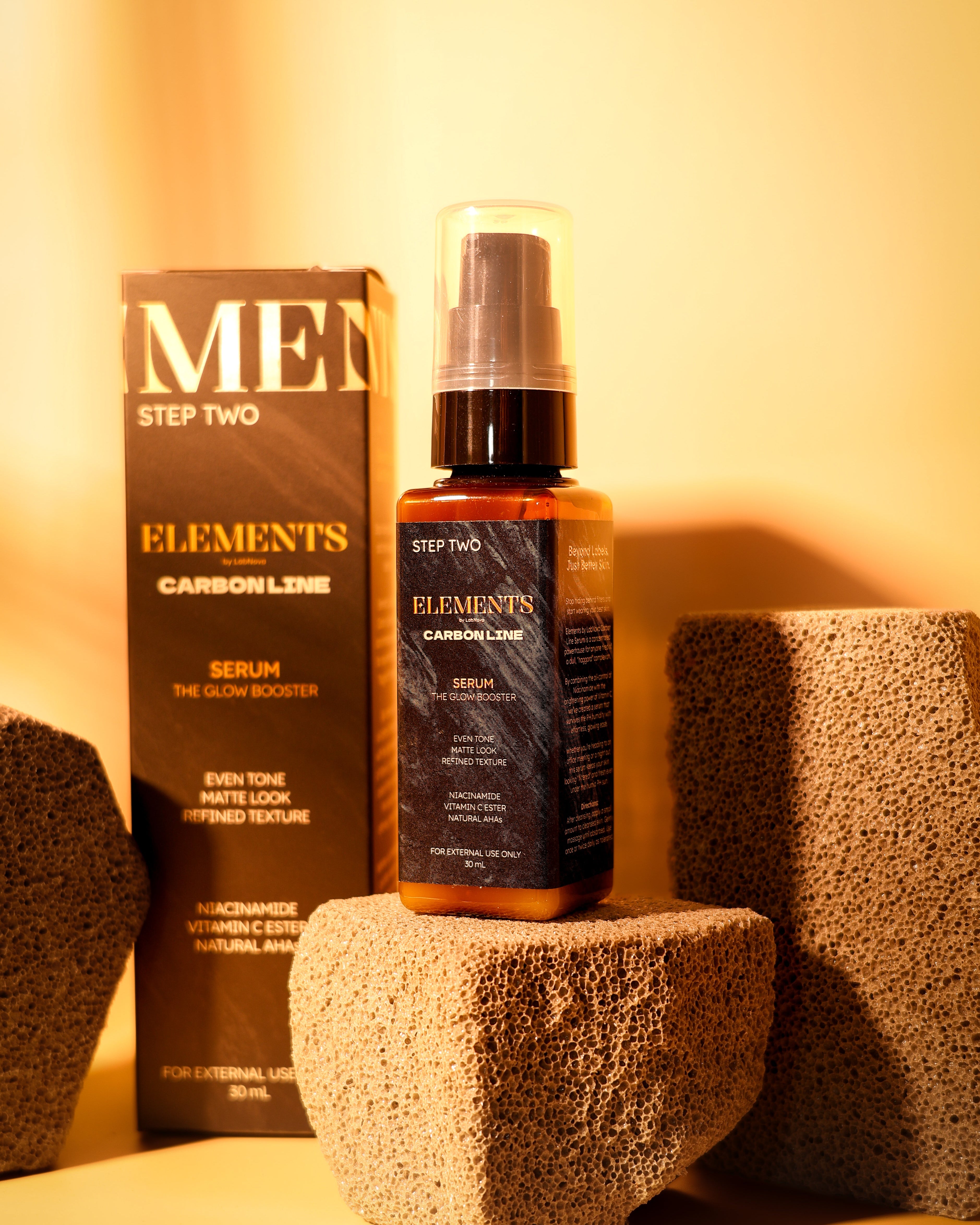 Men's skincare product with packaging on a textured surface