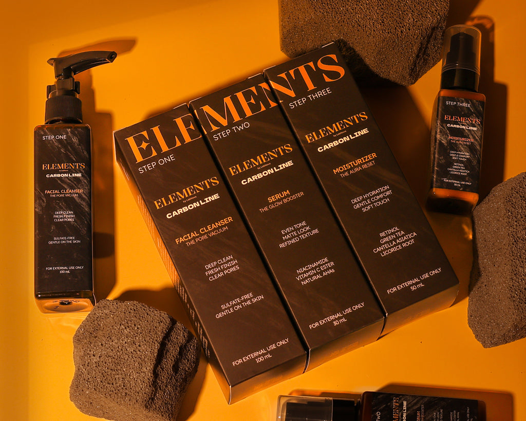 Elements skincare product set with bottles and boxes on a yellow background
