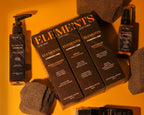 Elements skincare product set with bottles and boxes on a yellow background